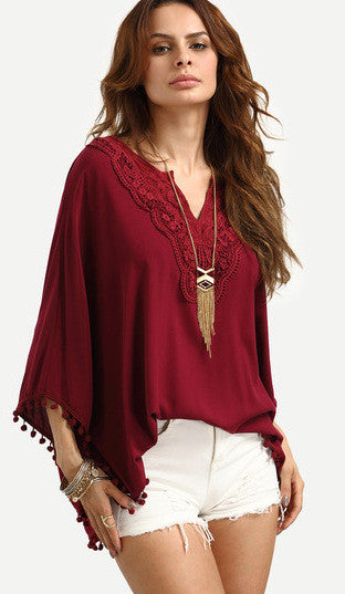 V-neck Bat-wing Sleeves Casual Embroidery Pure Color Blouse