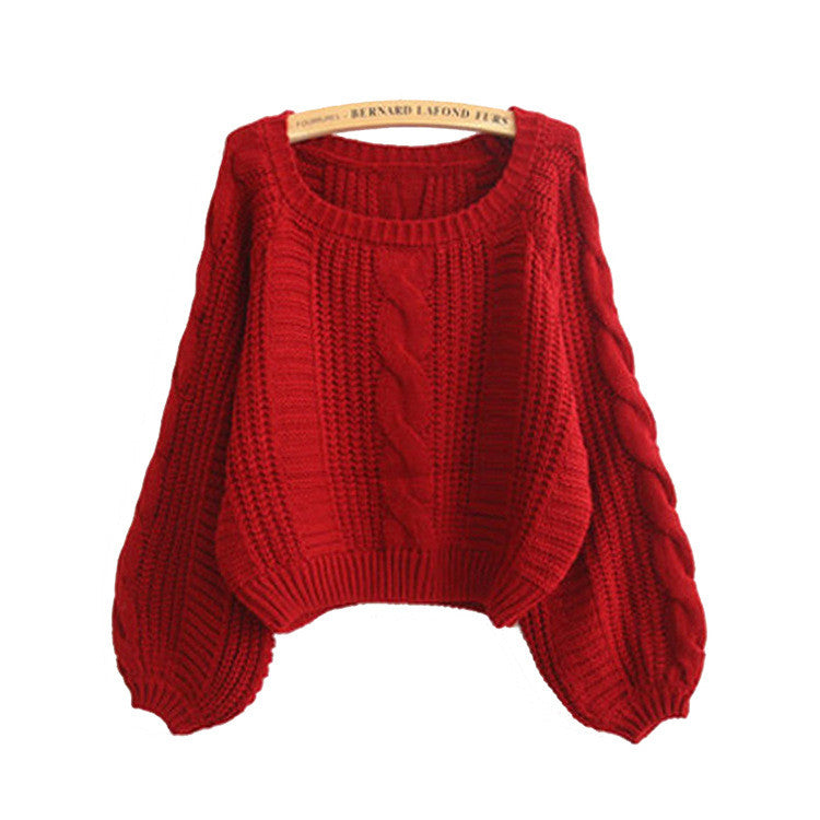 Cable Sleeve Coarse Yam Pure Color Pullover Sweater