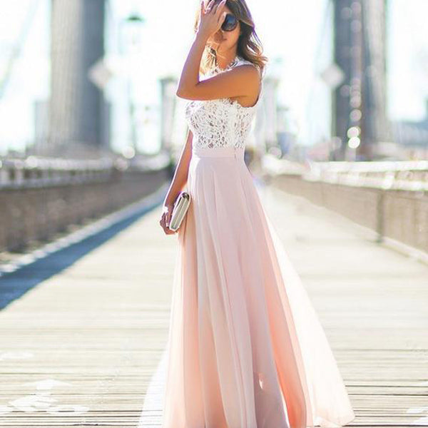 Fashionable Lace Splicing O-neck Sleeveless Long Dress