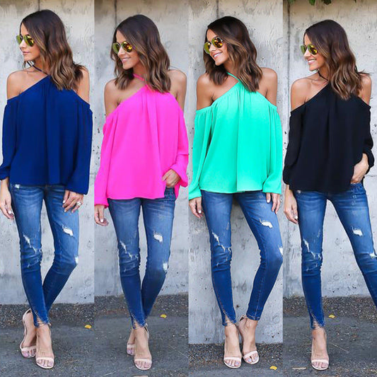 Halter Off-shoulder Long Sleeves Loose Street Chic Blouse