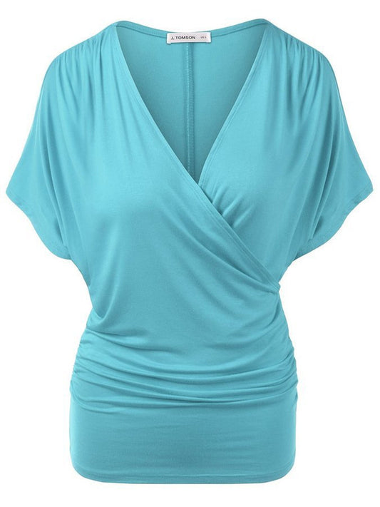 Sexy V Neck Wrap Style Pure Color Bat Short Sleeve Blouse