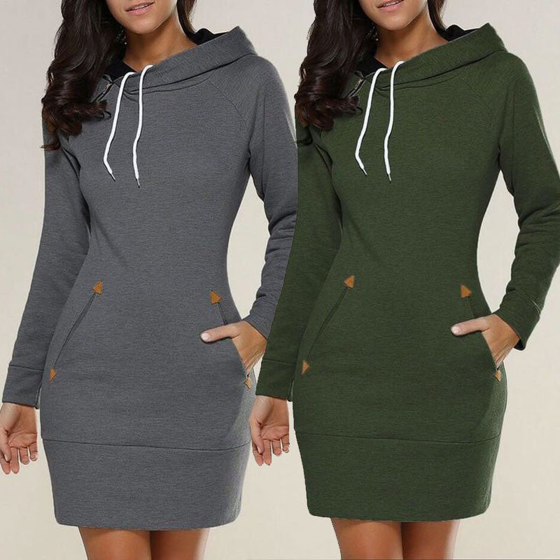 Fashion Pure Color Long Hoodie Dress