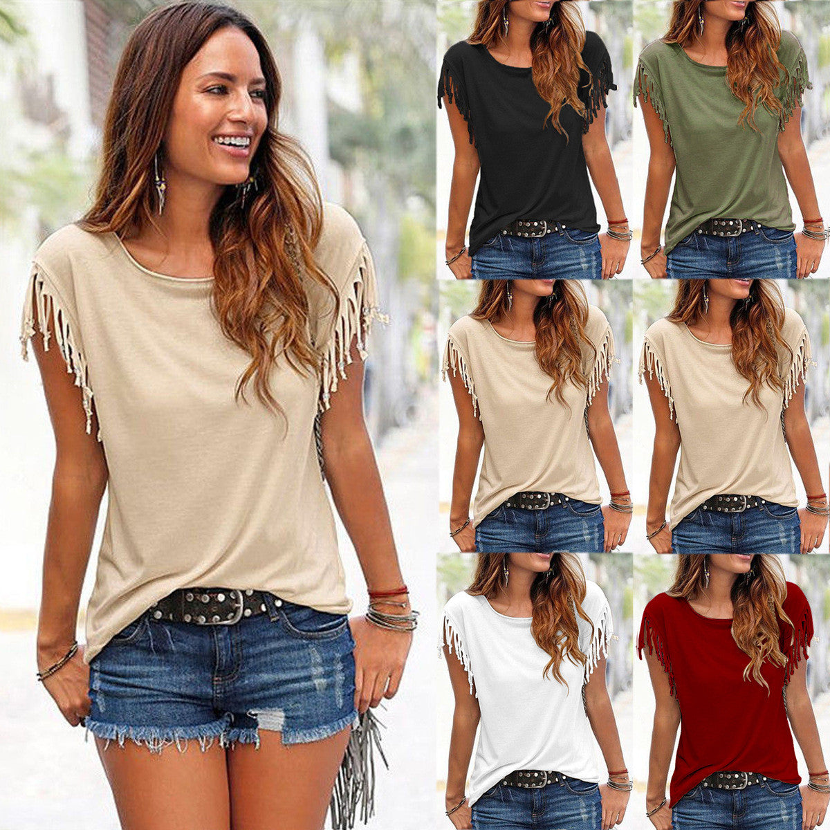 Round Neck Short Sleeve Tassel Soft Cotton T-Shirt