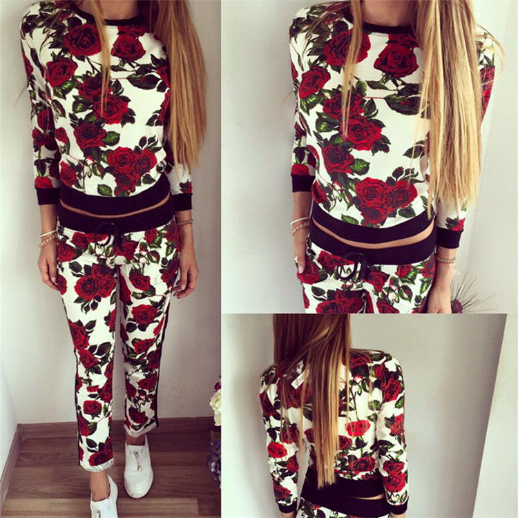 Scoop Long Sleeves Sweatshirt Drawstring Pants Flower Print Activewear Set