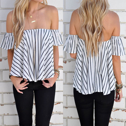 Striped Off Shoulder Short Sleeves Loose Blouse