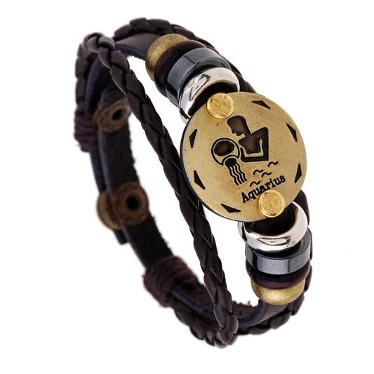 12 Constellation Woven Leather Snap Bracelet