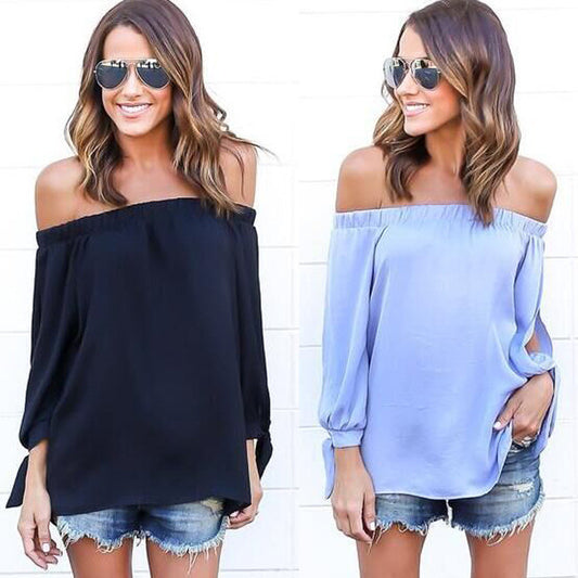 Off-shoulder Split Casual Pure Color Long Sleeves Blouse