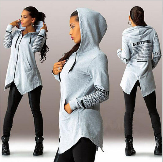 Letter Print Zipper Pockets Irregular Long Hoodie