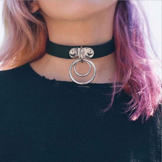 Hip-Hop Metal Ring Leather Collar Necklace