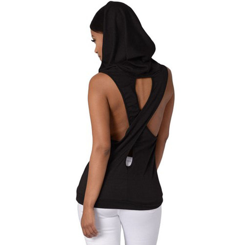 Open Back Cross Sleeveless Hooded Tank Top Hoodie