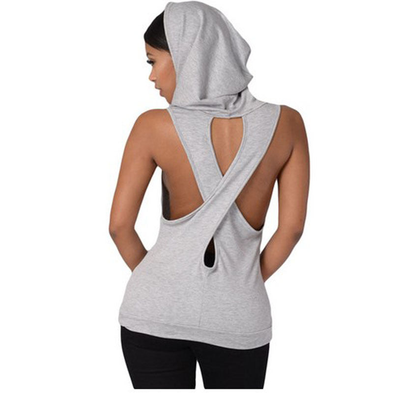 Open Back Cross Sleeveless Hooded Tank Top Hoodie