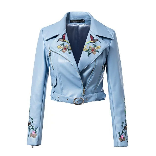 Embroidery Flower Askew Zipper Hasp Short Jacket