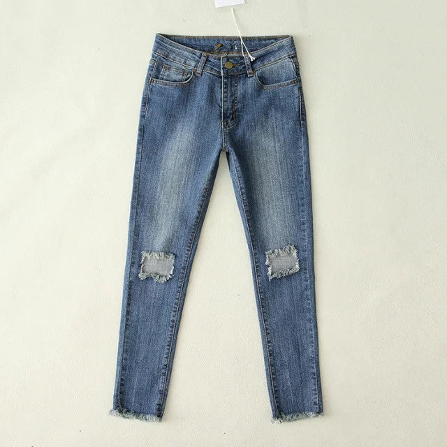 High Waist 9/10 Ripped Big Holes Pencil Blue Jeans