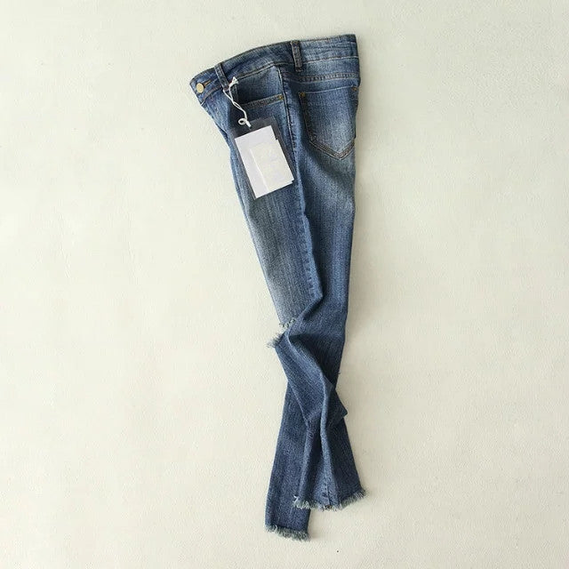 High Waist 9/10 Ripped Big Holes Pencil Blue Jeans
