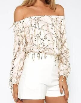 Sequins Tassel Off Shoulder Long Sleeve Short Jumpsuit