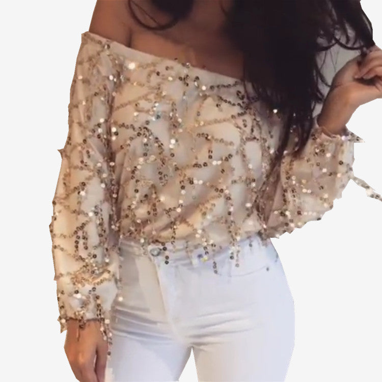 Sequins Tassel Off Shoulder Long Sleeve Short Jumpsuit