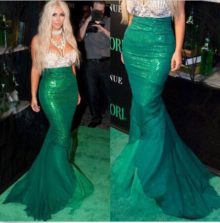 Green Sequins Patchwork Bodycon Long Mermaid Skirt