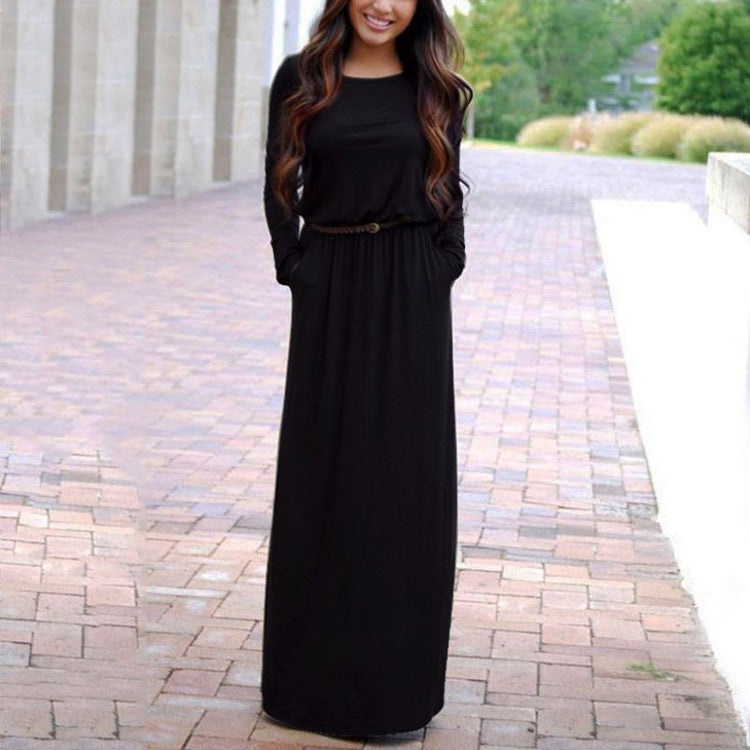 Long Sleeve Scoop Side Pockets Long Dress With Belt