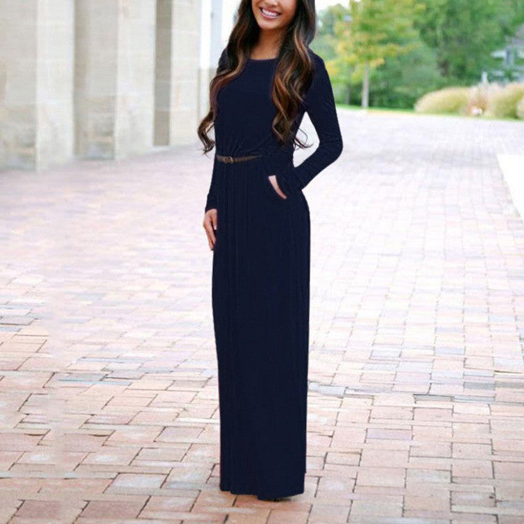 Long Sleeve Scoop Side Pockets Long Dress With Belt