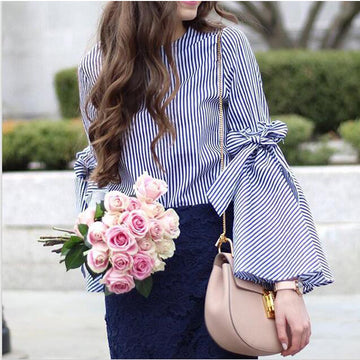 Scoop Striped Long Turmpet Sleeves Bowknot Loose Blouse