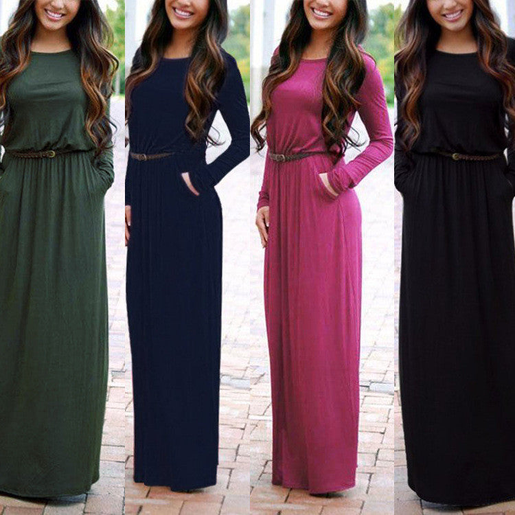 Long Sleeve Scoop Side Pockets Long Dress With Belt