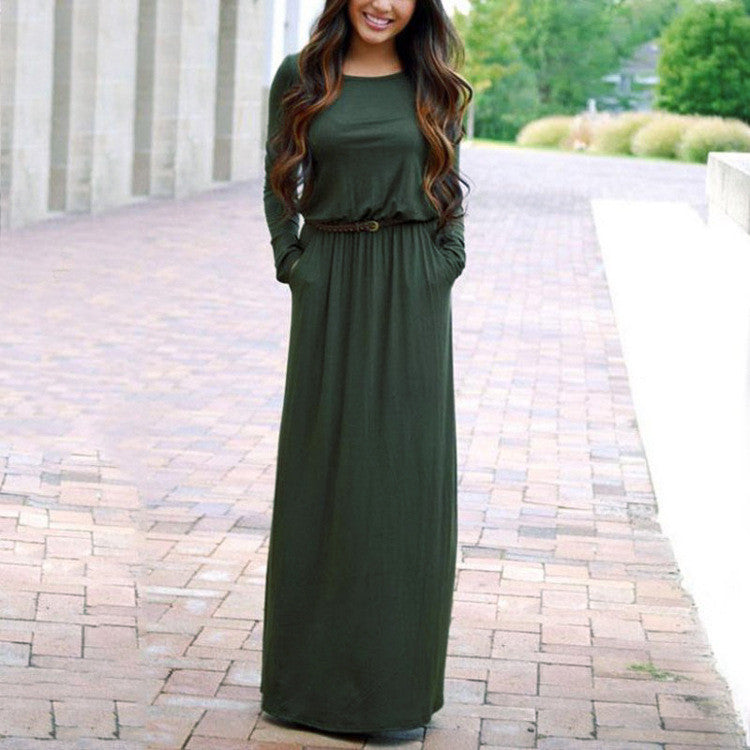 Long Sleeve Scoop Side Pockets Long Dress With Belt