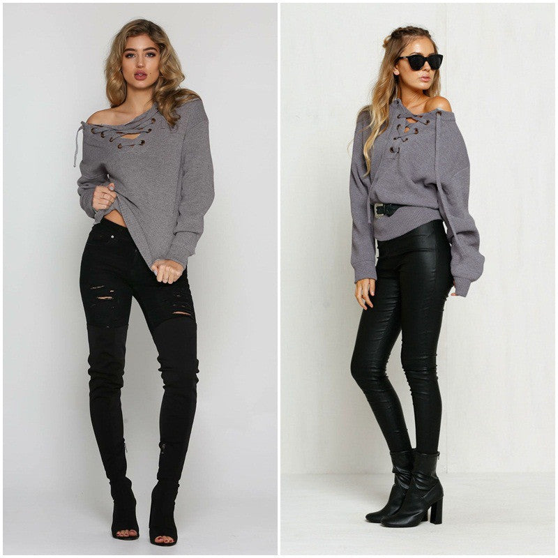 Sexy Lace Up V-Neck Long-Sleeve Sweater