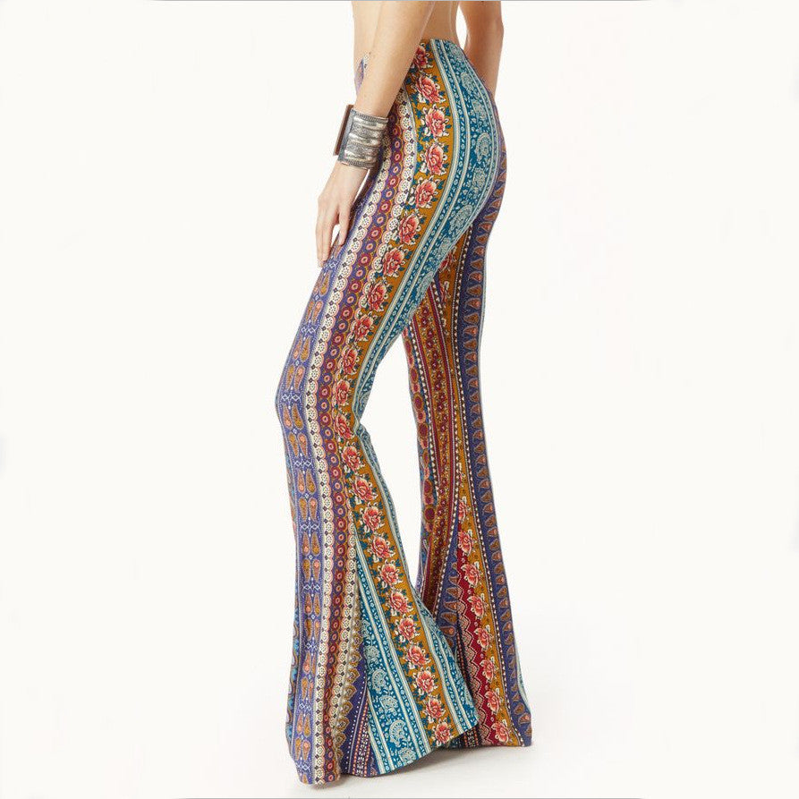 Retro Style Print Bodycon Wide Leg Long Pants