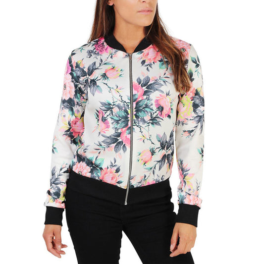 Flower Print Stand Collar Patchwork Short Jacket Coat