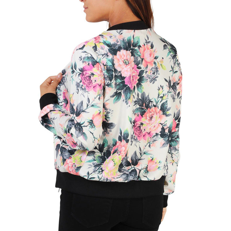 Flower Print Stand Collar Patchwork Short Jacket Coat