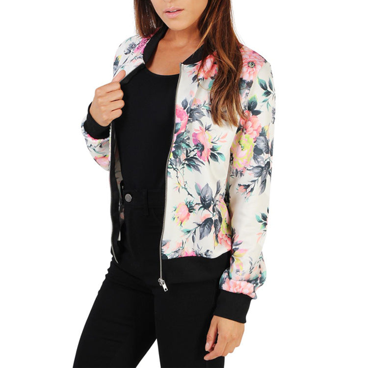 Flower Print Stand Collar Patchwork Short Jacket Coat