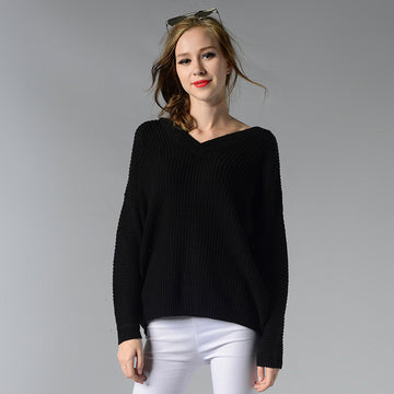 V-neck Pure Color Long Sleeves Loose Knit Pullover Sweater