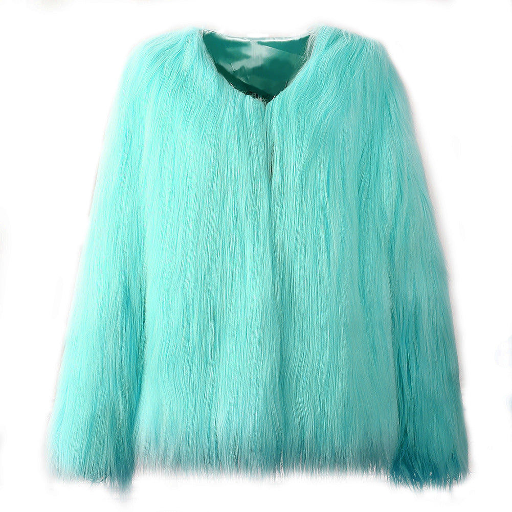 Pure Color Long Sleeve Round Collar Faux Fur Short Coat