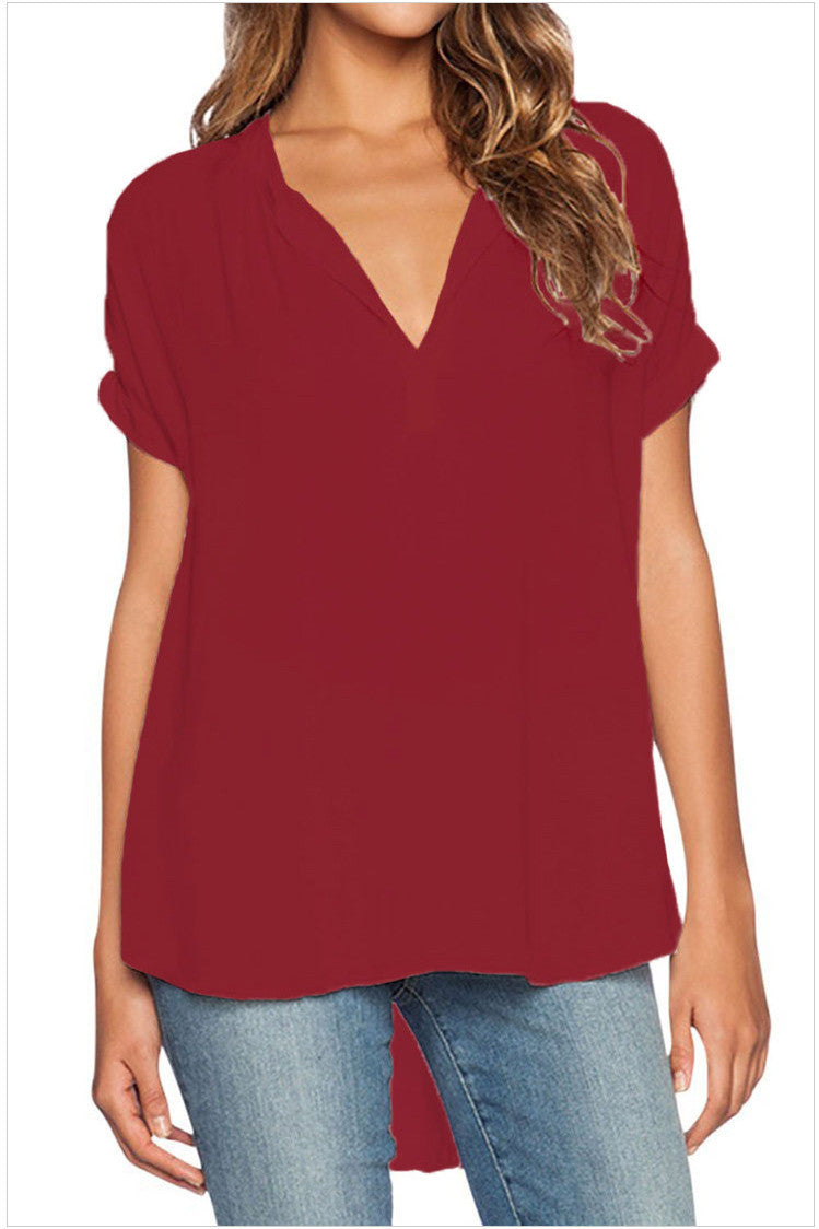 V-neck Pure Color Short Sleeves Loose Chiffon Blouse