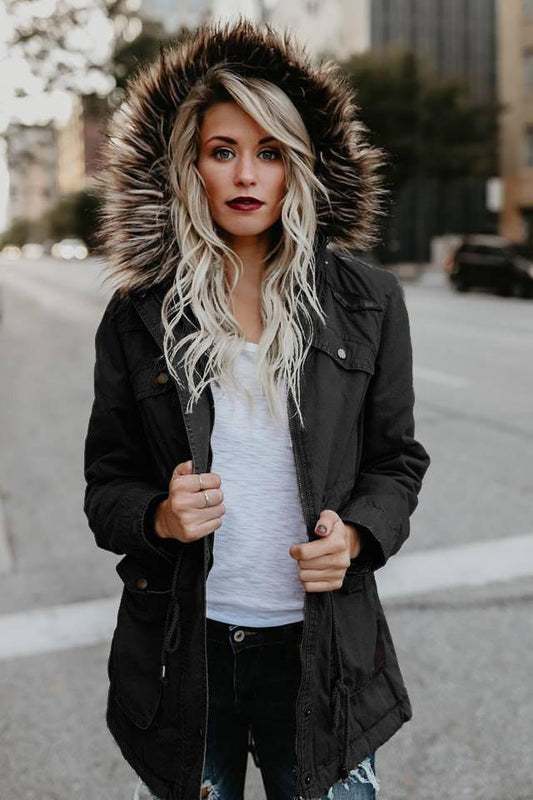 Faux Fur Big Pockets Long Slim Jacket Coat