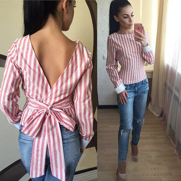 Sexy Backless Stripe Lace Up Flax Blouse