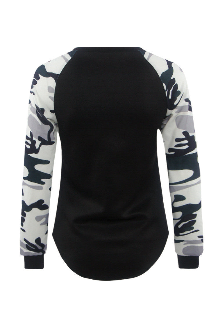 Fashion Camouflage Splicing Printing Irregular Hem Sweatshirt