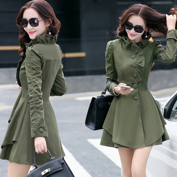 Ruffles High Neck Irregular Slime Button Long Coat