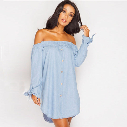 Off Shoulder Elastic Long Sleeve Butterfly Denim Blouse