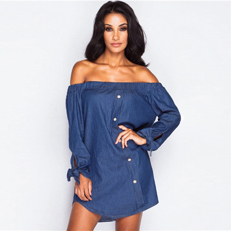 Off Shoulder Elastic Long Sleeve Butterfly Denim Blouse