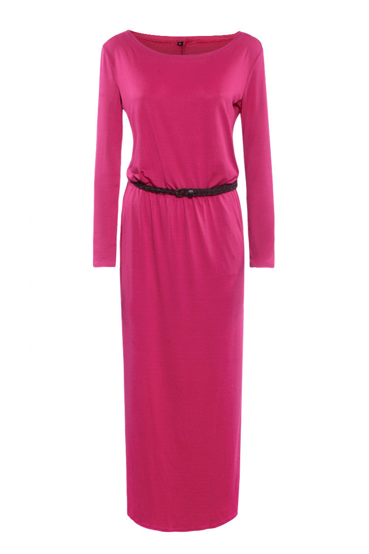 Long Sleeve Scoop Side Pockets Long Dress With Belt