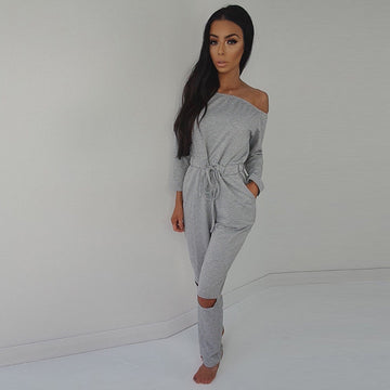 Off Shoulder Long Sleeve Draw String Waist Long Jumpsuit