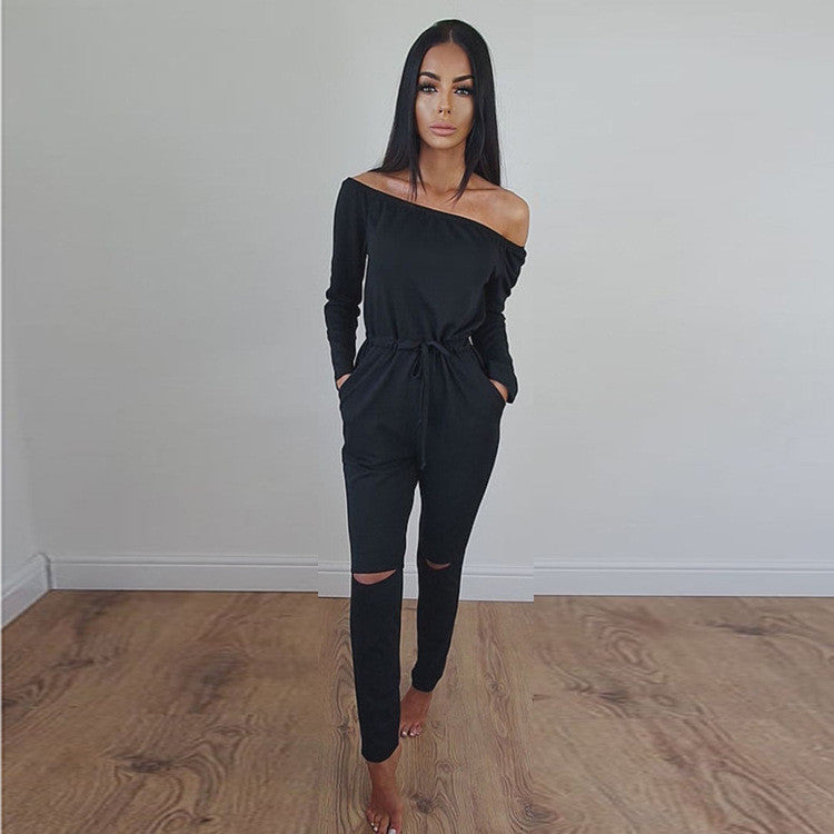 Off Shoulder Long Sleeve Draw String Waist Long Jumpsuit