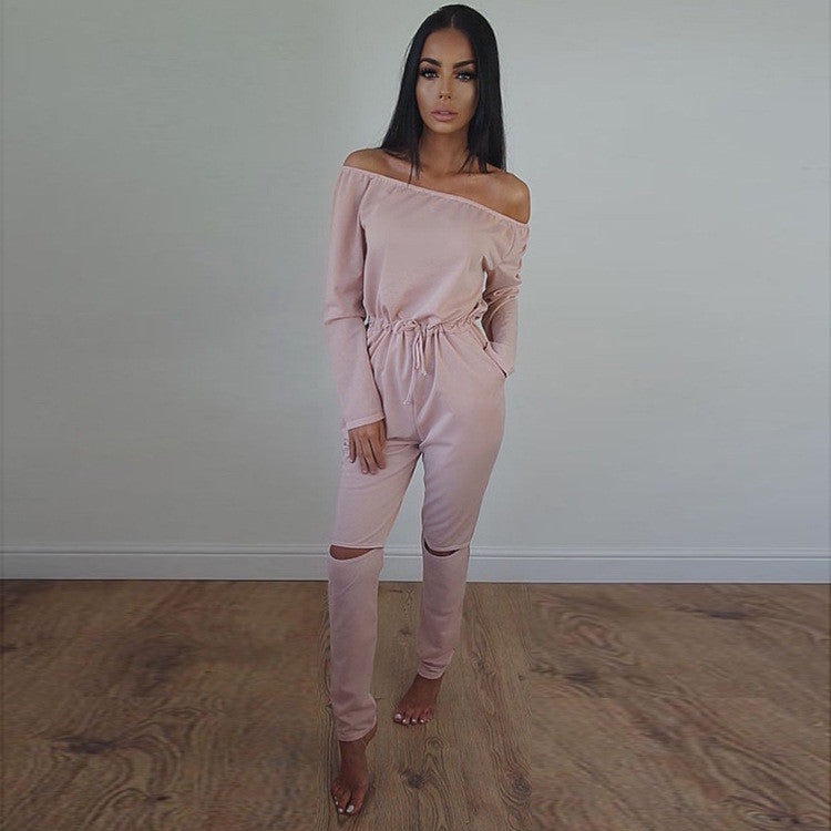 Off Shoulder Long Sleeve Draw String Waist Long Jumpsuit