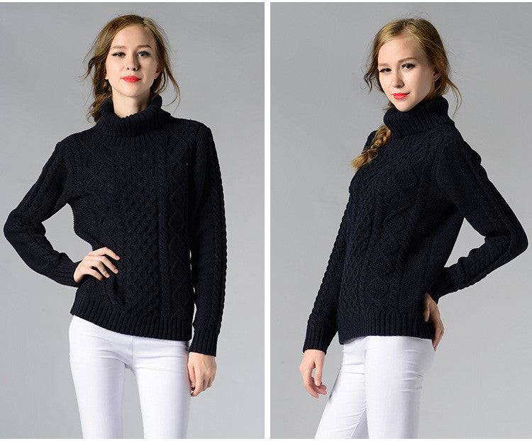 Casual High-Neck Braid Knitting Slim Sweater