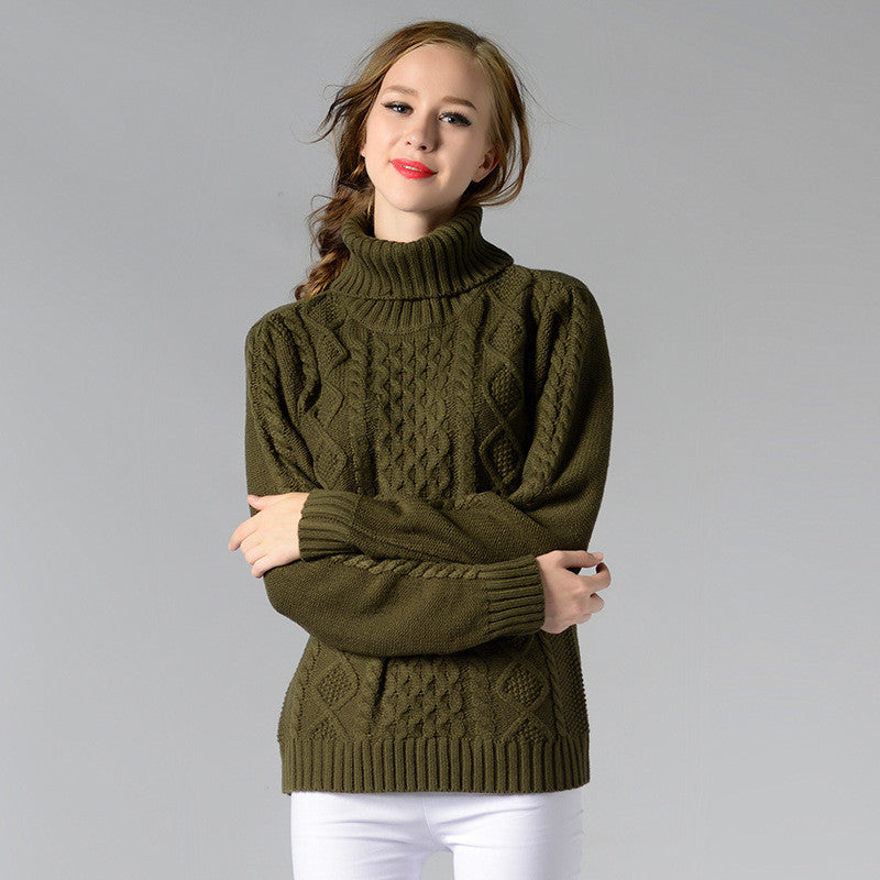 Casual High-Neck Braid Knitting Slim Sweater