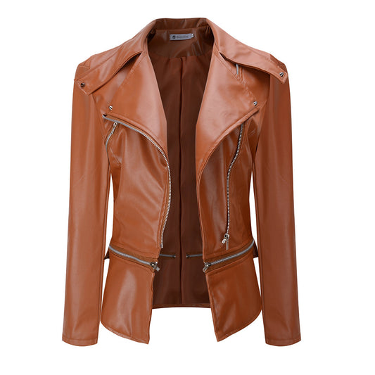 Lapel Oblique Zipper Women Slim Motorcycle PU Jacket