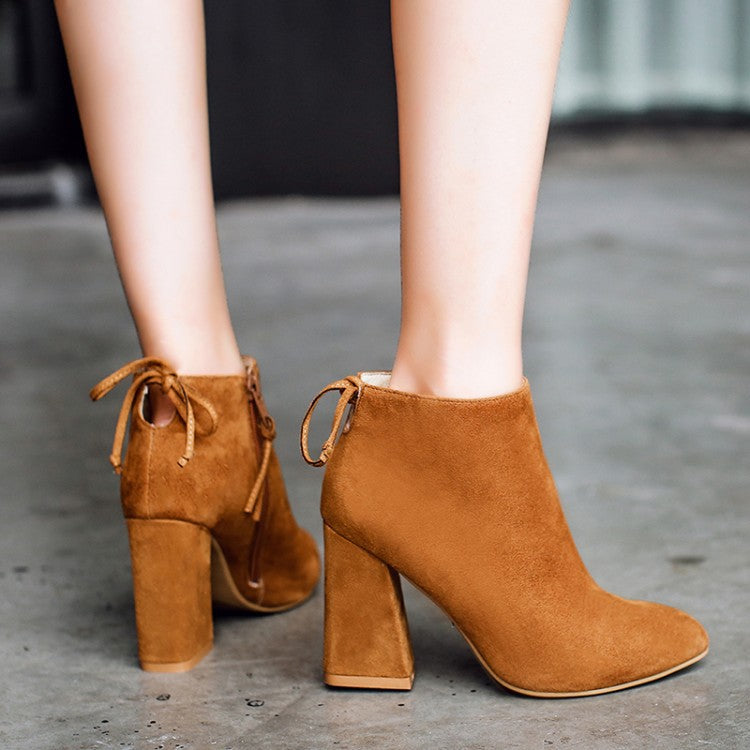 Suede Side Zipper Lace Up Pointed Toe High Chunky Heel Short Martin Boots