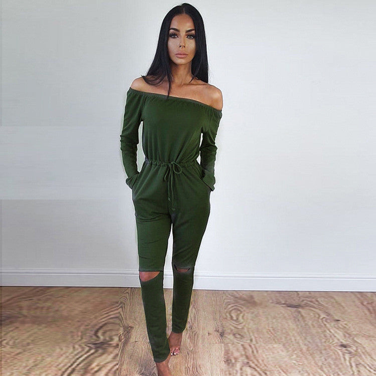 Off Shoulder Long Sleeve Draw String Waist Long Jumpsuit