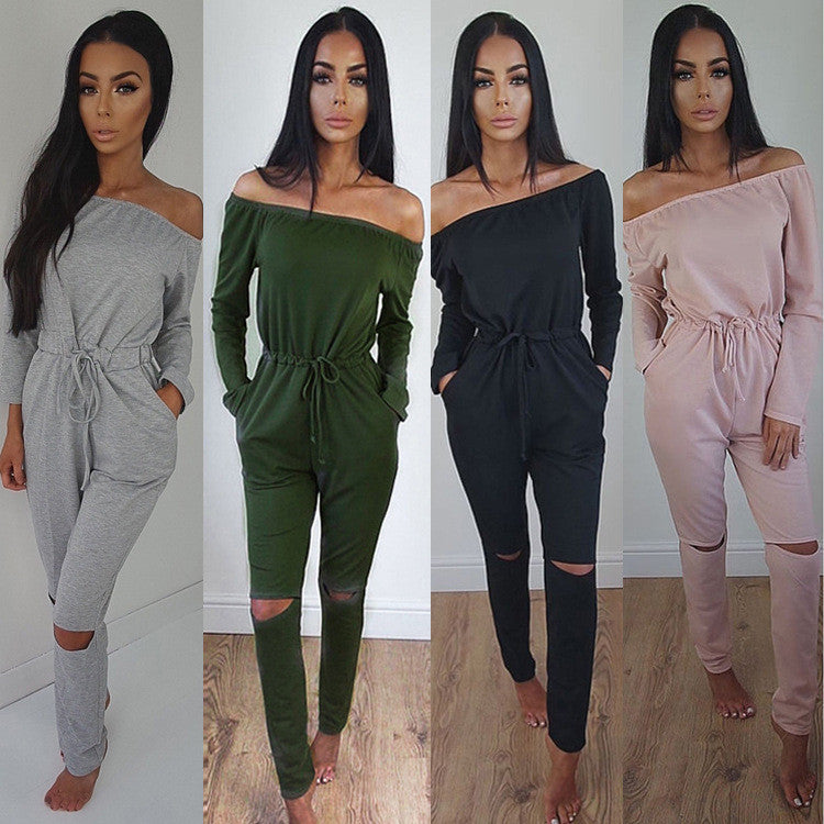 Off Shoulder Long Sleeve Draw String Waist Long Jumpsuit